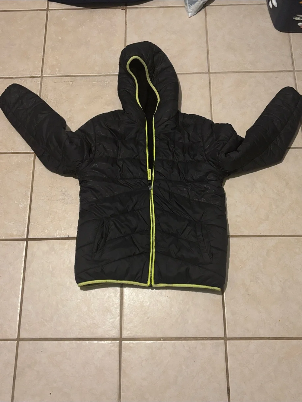 Eddie Bauer Kids Black Hooded Puffer Jacket with Lime Trim